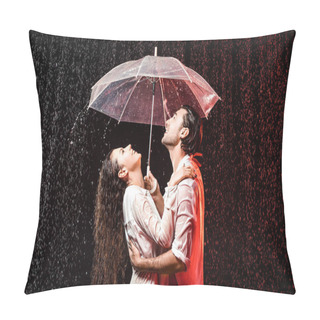 Personality  Side View Of Romantic Couple In White Shirts With Umbrella Standing Under Rain On Black Backdrop Pillow Covers