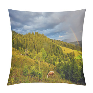 Personality  A Herd Of Cows Peretse On A Green Summer Meadow On Sky Background With Rainbow Pillow Covers