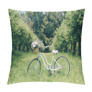Personality  Selective Focus Of Retro Bicycle With Wicker Basket Full Of Flowers At Countryside Pillow Covers