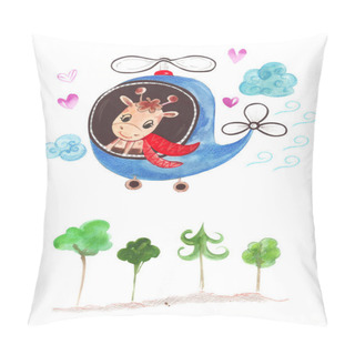 Personality  Illustration Of Color Watercolor Animal Character Giraffe Travels In A Helicopter Vehicle On A White Isolated Background. Pillow Covers