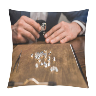 Personality  Selective Focus Of Gemstones On Board And Jewelry Appraiser Working At Table Isolated On Grey Pillow Covers