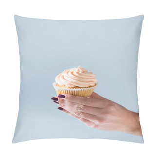 Personality  Cropped Image Of Girl Holding Cupcake In Hand Isolated On Grey Pillow Covers