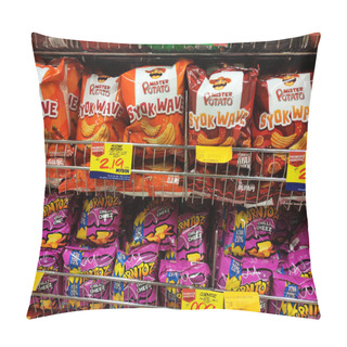 Personality  PENANG, MALAYSIA -APRIL 28, 2021: Selective Focused On Packed Miscellaneous Brand Junk Foods & Snacks On Rack And Display For Sale In The Supermarket. Each Has Its Own Price Tag.  Pillow Covers
