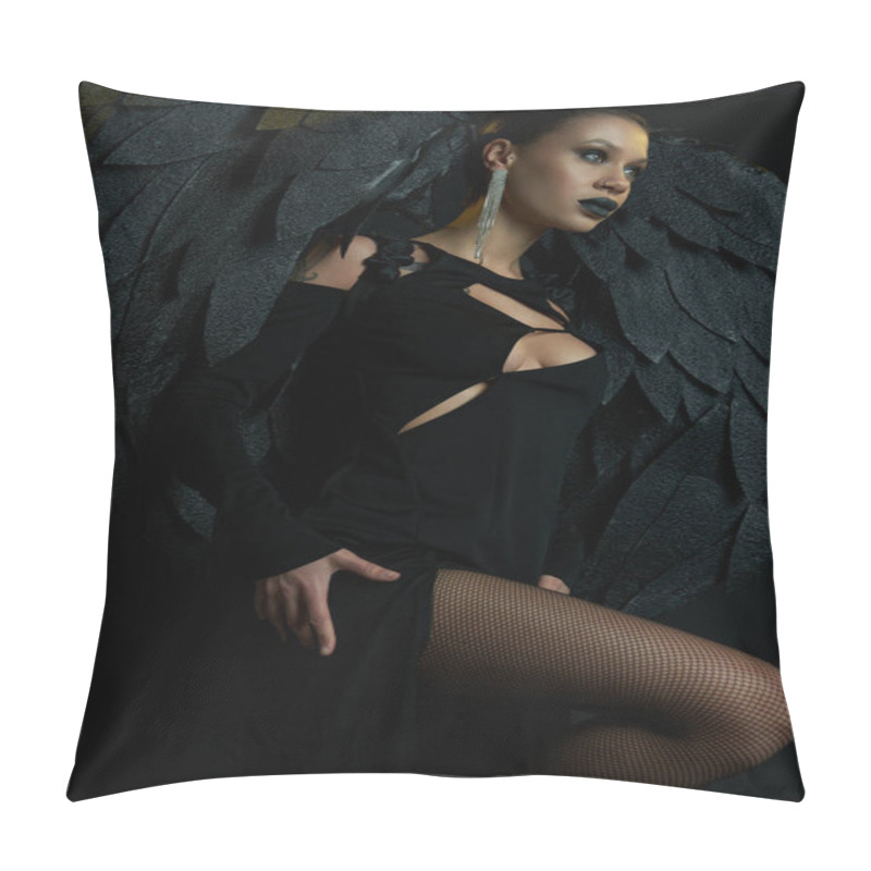 Personality  Sexy Woman In Halloween Costume Of Demonic Winged Creature And Spooky Makeup Looking Away On Black Pillow Covers