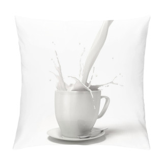 Personality  Pouring Milk Into A White Porcelain Cup Mug With A Splash. On Saucer With Spoon. Isolated On White Background. Clipping Path Included. Pillow Covers