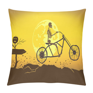 Personality  The Skeleton Rides A Motorcycle Frame On A Bad Road To The Halloween. Pillow Covers