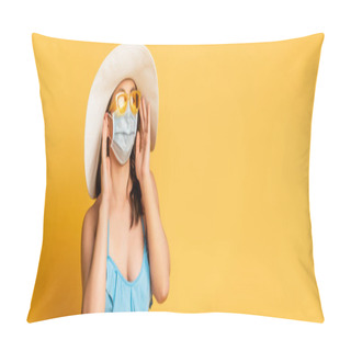 Personality  Panoramic Shot Of Woman In Sraw Hat Touching Sunglasses And Medical Mask On Yellow Pillow Covers