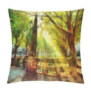 Personality  Town Park Canal In Dusseldorf Landscape Oil Painting Pillow Covers