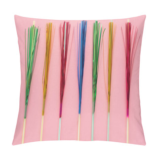 Personality  Top View Of Drinking Straws With Colorful Tinsel On Pink Background, Banner  Pillow Covers