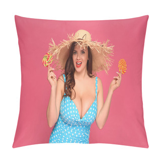 Personality  Beautiful Size Plus Model In Swimsuit Holding Lollipops And Smiling At Camera Isolated On Pink Pillow Covers