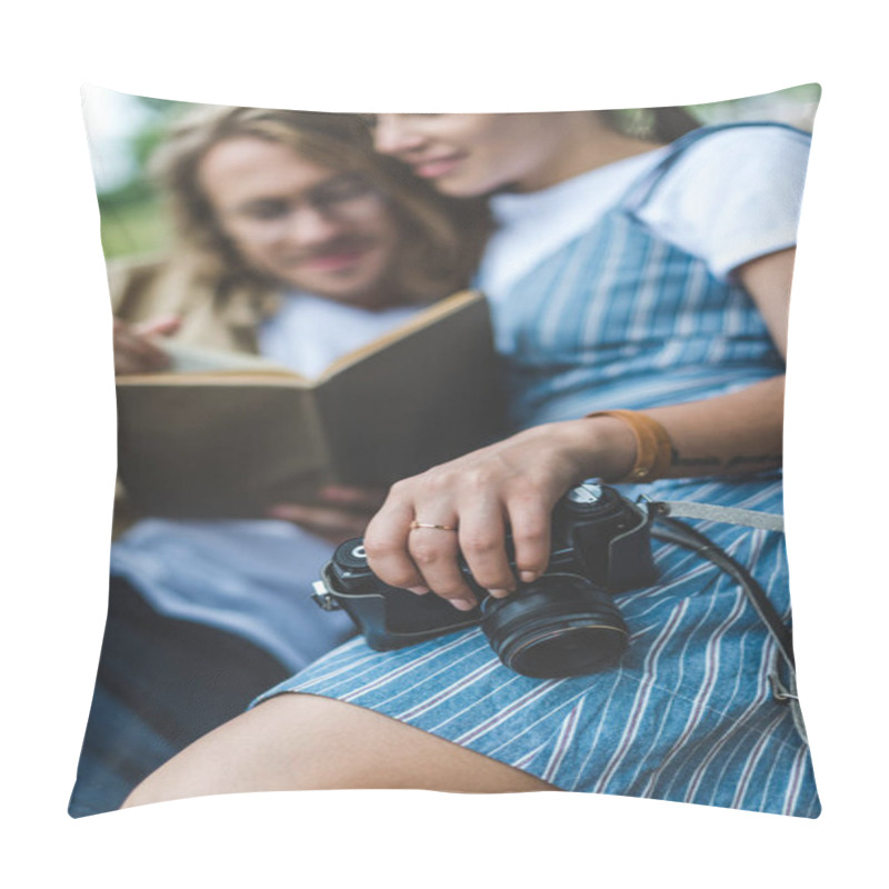 Personality  couple reading book in park pillow covers