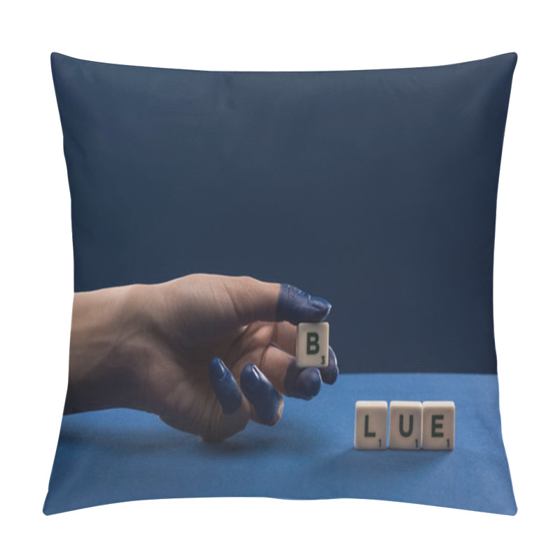 Personality  Cropped View Of Female Hand With Painted Fingers Near Cubes With Blue Lettering Isolated On Blue Pillow Covers