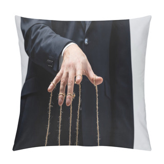 Personality  Partial View Of Puppeteer In Suit With Strings On Fingers Isolated On Grey Pillow Covers