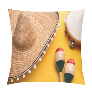 Personality  Wooden Colorful Maracas Near Sombrero And Tambourine On Yellow Background Pillow Covers