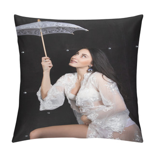 Personality  Girl In Lacy Underwear With An Umbrella From The Sun On A Black Background Pillow Covers