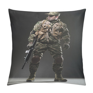 Personality  Soldier Man Hold Machine Gun On A  Dark Background Pillow Covers