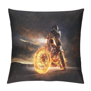 Personality  Dark Motorbiker Staying On Burning Motorcycle In Sunset Light Pillow Covers