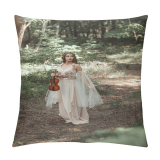 Personality  Attractive Mystic Elf In Elegant Dress Holding Violin In Beautiful Forest Pillow Covers