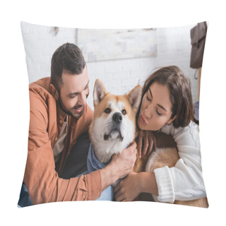 Personality  Young Couple Hugging Akita Inu Dog At Home Pillow Covers