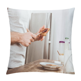 Personality  Partial View Of Man Spreading Toast By Jam In Kitchen At Home Pillow Covers