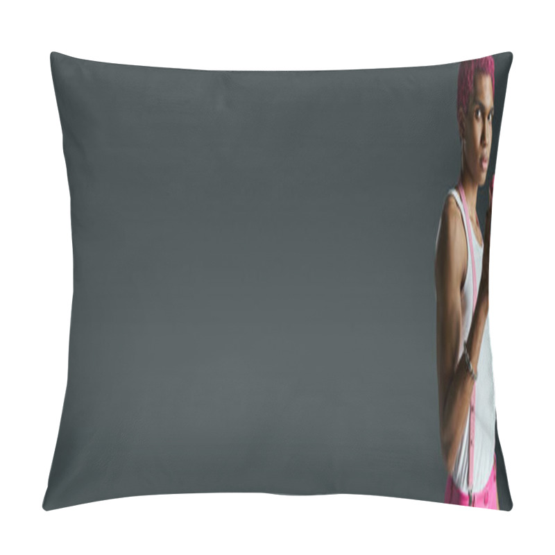 Personality  Fashionable African American Man In Pink Pants Posing With Donut, Fashion And Style, Banner Pillow Covers