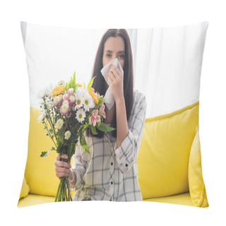 Personality  Young Woman Holding Flowers And Suffering From Allergy At Home Pillow Covers