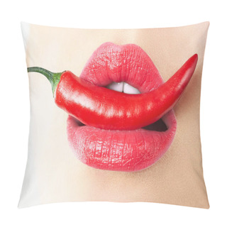 Personality  Close-up. Young Woman With Chili Red Pepper. Sexy Female Lips. Hot Seductive Girl Pillow Covers