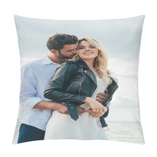 Personality  Attractive Woman And Handsome Man Smiling And Hugging Outside  Pillow Covers