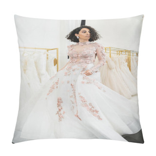 Personality  Delightful And Middle Eastern Woman With Wavy Hair Trying On Elegant And Floral Wedding Dress Inside Of Luxurious Bridal Salon, Shopping, Bride-to-be,  Blurred White Gown On Background Pillow Covers