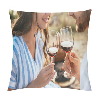 Personality  Cropped View Of Cheerful Couple Clinking Glasses With Red Wine  Pillow Covers