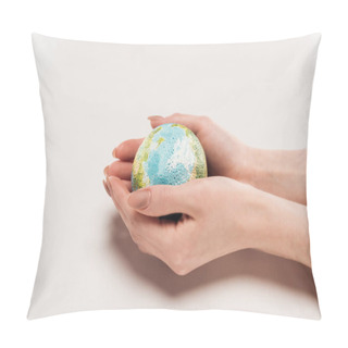 Personality  Cropped View Of Female Hands With Globe Model On White Background, Global Warming Concept Pillow Covers