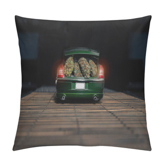 Personality  Dry Buds Of Different Varieties Of Marijuana, Are In The Trunk Of A Small Toy Car. Detailed Shot, A Lot Of Trichomes And Thc. Pillow Covers