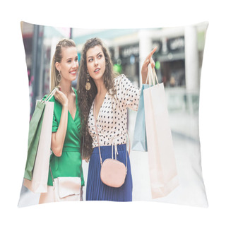 Personality  Beautiful Stylish Girls Holding Paper Bags And Looking Away In Shopping Mall  Pillow Covers