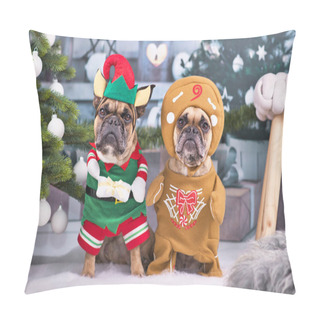 Personality  Pair Of Festive French Bulldog Dogs Wearing Funny Christmas Costumes Dressed Up As Christmas Elf With Hat And Gift And Gingerbread Man Standing Next To Christmas Tree Pillow Covers