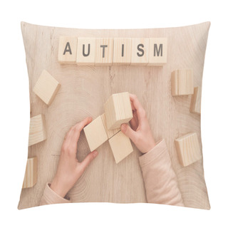 Personality  Cropped View Of Woman Holding Empty Wooden Cubes With Copy Space Near Autism Lettering Pillow Covers