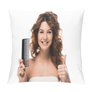 Personality  Happy Girl With Curly Hair Holding Hair Brush And Showing Thumb Up Isolated On White  Pillow Covers