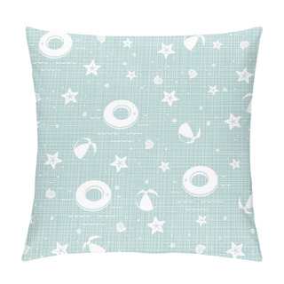 Personality  Seaside Beach Shells Starfishes Swim Ring Inflatable Ball Delicate Summer Holiday Monochrome Seamless Pattern On Blue Background Pillow Covers