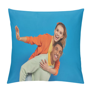 Personality  Joyful African American Man Piggybacking Cheerful Girlfriend On Blue Background, Couple Having Fun Pillow Covers
