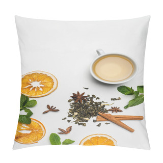 Personality  Top View Of Cups Of Tea Near Mint, Spices And Dry Orange Slices On White Background  Pillow Covers