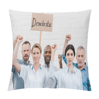 Personality  Group Of Multicultural People Gesturing Near Placard With Demokratie Lettering Pillow Covers