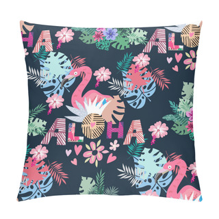 Personality  Beautiful Colorful Seamless Pattern With Parrot, Macaw, Jaco,  Pink Flamingo Bird,  Lettering And Exotic Flowers, Leaves. Tropical Flowers Background.  Vector Cute  Summer Illustration Pillow Covers