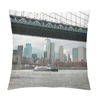 Personality  Yacht On Hudson River Near Manhattan And Brooklyn Bridges And Scenic View Of New York City Skyscrapers Pillow Covers