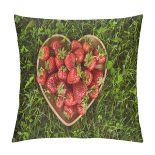 Personality  Top View Of Red Strawberries In Wooden Heart Shaped Plate On Green Grass  Pillow Covers