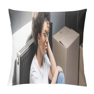 Personality  Joyful African American Woman In Eyeglasses Sitting Near Carton Boxes In New House, Banner Pillow Covers