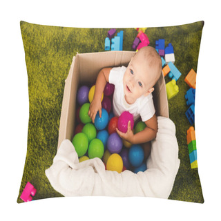 Personality  Top View Of Cute Child In Cardboard Box Playing With Colorful Balls Pillow Covers