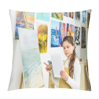 Personality  Serious Child Standing With Tablet In Workshop Of Art School And Pointing On Canvas Pillow Covers