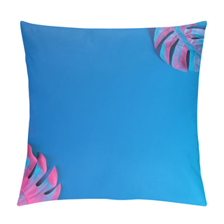 Personality  Tropical And Palm Leaves In Pink Colors On Blue Background, Concept Art, Minimal Surrealism  Pillow Covers