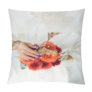 Personality  Young Indian Bride With Mehndi Holding Flowers On White Pillow Covers