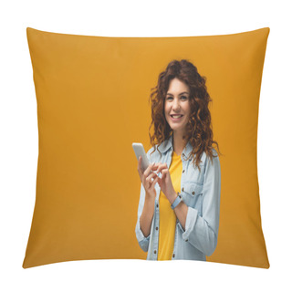Personality  Happy Curly Redhead Woman Holding Smartphone On Orange  Pillow Covers