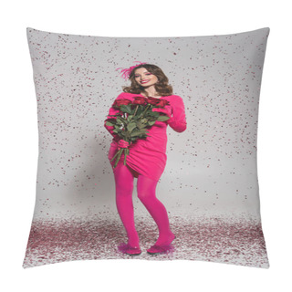 Personality  Full Length Of Happy Woman In Hat And Magenta Color Dress Holding Red Roses On Grey With Falling Confetti  Pillow Covers